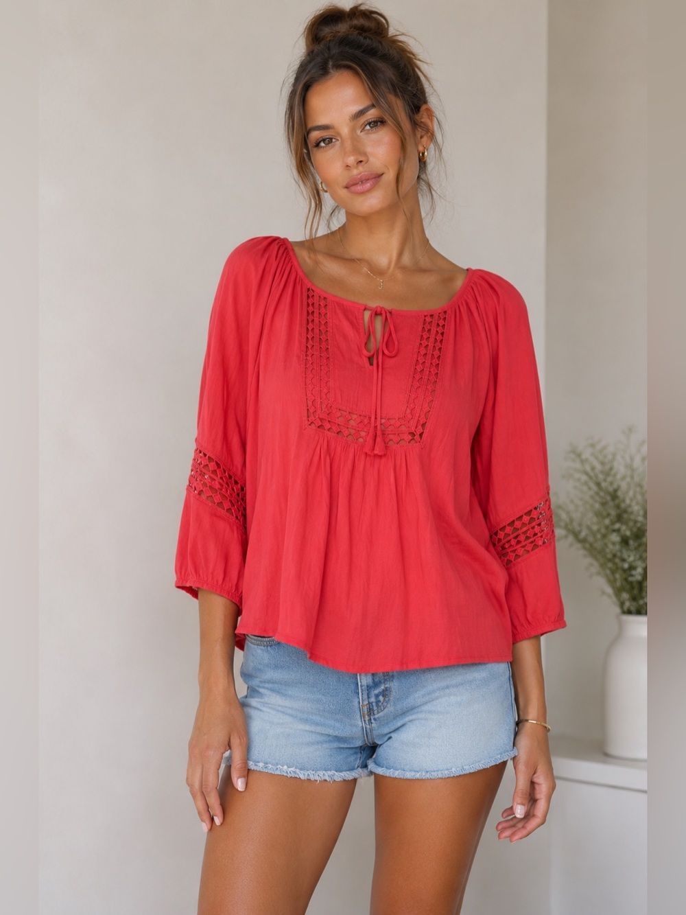 NWT Pink Petal Bohemian Coral Embroidered Top Balloon Sleeve Size L